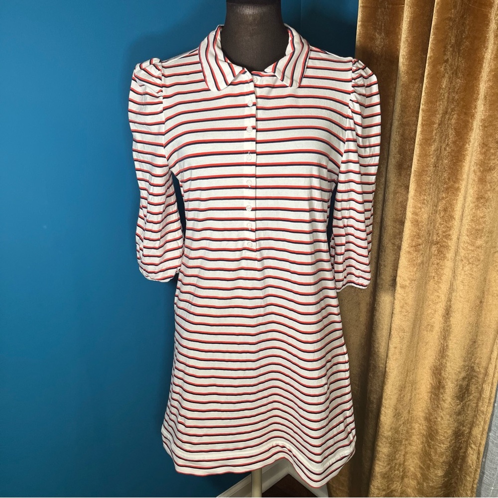 Buru Women’s Nautical Striped Puffed Sleeve Polo Stretch Dress Size M Preppy